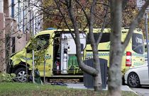 The damaged ambulance is seen after the hijacking incident in the centre of Oslo on October 22, 2019.