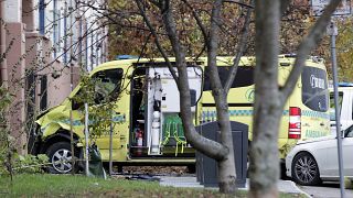 The damaged ambulance is seen after the hijacking incident in the centre of Oslo on October 22, 2019.