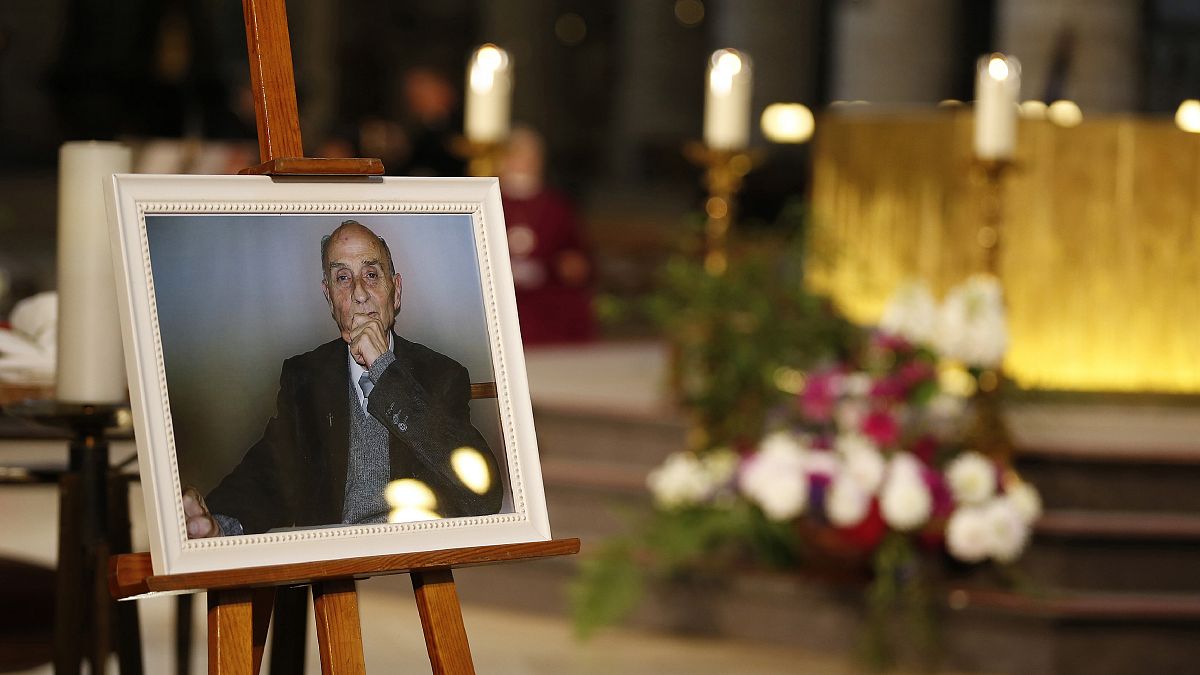 A photo of Father Jacques Hamel is on display during his funeral mass at the Rouen cathedral in Normandy.