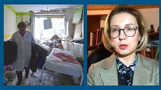 A g. : les suites du bombardement sur l'hôpital pédiatrique de Marioupol (le 09/03/2022) - A dr. : Inna Sovsun, députée ukrainienne, interviewée par Euronews le 09/03/2022