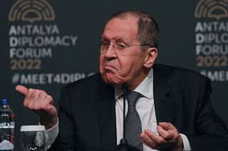 Russia's Foreign Minister Sergey Lavrov speaks to the media after meeting with Ukraine's Foreign Minister Dmytro Kuleba in Turkey