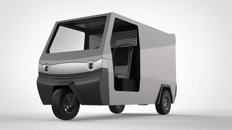 Image shows Bako Motos's three-wheeled, fully electric solar-powered vehicle