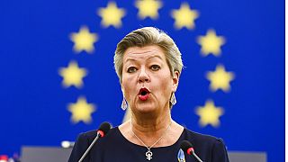 European Commissioner for Home Affairs Ylva Johansson delivers a speech during a debate on the situation of refugees after Russia's invasion of Ukraine, Tuesday, March 8, 2022
