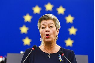 European Commissioner for Home Affairs Ylva Johansson delivers a speech during a debate on the situation of refugees after Russia's invasion of Ukraine, Tuesday, March 8, 2022