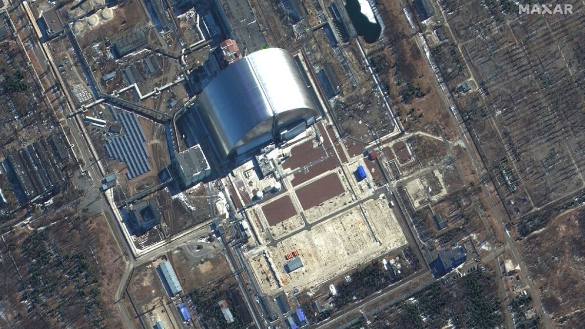 This satellite image provided by Maxar Technologies shows a close view of Chernobyl nuclear facilities, Ukraine