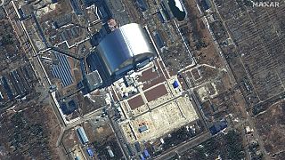 This satellite image provided by Maxar Technologies shows a close view of Chernobyl nuclear facilities, Ukraine