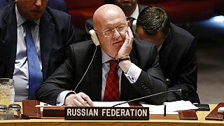 Russia's U.N. Ambassador Vassily Nebenzia listens to remarks in a meeting of the United Nations Security Council