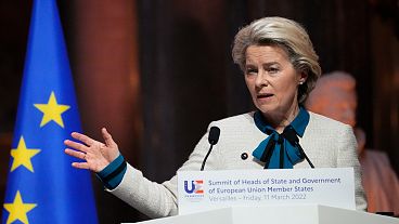 President of the European Commission Ursula von der Leyen speaks during a press conference after the EU summit at the Chateau de Versailles, March 11, 2022 in Versailles.