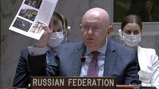 El embajador ruso ante las Naciones Unidas, Vasily Nebenzya, en la reunión extraordinaria del Consejo de Seguridad, el 11 de marzo de 2022.
