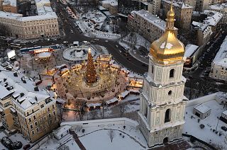 Snow covers the city centre with a Christmas tree, St. Sophia Cathedral in Kyiv, December 2021