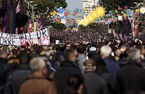 Protesters gather during an anti-government rally in Tirana, Albania, Saturday, 12 March 2022.