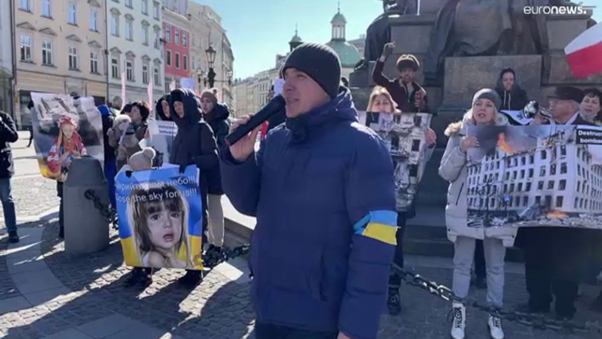 Ukrainian protesters in Krakow, Poland