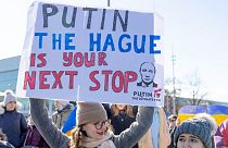 Demonstrators protest Russia's massive military operation against Ukraine during a rally on the place of the United Nations in Geneva, Switzerland, February 26, 2022..