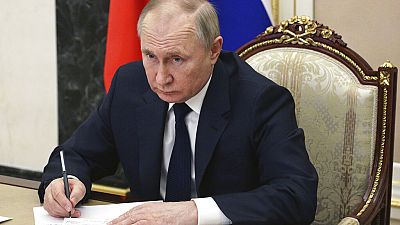 Russian President Vladimir Putin chairs a meeting with members of the government via teleconference in Moscow, Thursday, March 10, 2022 Russian President Vladimir Putin chairs a meeting with members of the government via teleconference in Moscow, Thursday, March 10, 2022