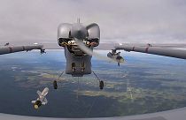 Russian drone launches a missile during the Zapad-2021 war games by Russian and Belarusian forces at the Mulino training ground in the Nizhny Novgorod region in September 2021