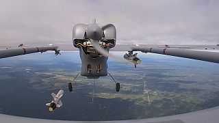 Russian drone launches a missile during the Zapad-2021 war games by Russian and Belarusian forces at the Mulino training ground in the Nizhny Novgorod region in September 2021