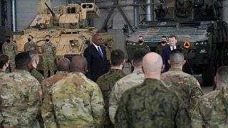 U.S. Defense Secretary Lloyd Austin address U.S. troops stationed in Poland