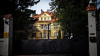 The gate and a building of the Russian embassy in downtown Bratislava.