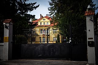 The gate and a building of the Russian embassy in downtown Bratislava.