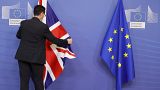 The United Kingdom and European Union flags are pictured at the EU headquarters in Brussels.
