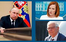 A g. : le président russe V. Poutine (10/03/2022) / Haut à dr. : la porte-parole de la Maison Blanche J. Psaki (14/03/2022) / Bas à dr. : Josep Borrell (14/03/2022)