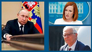 A g. : le président russe V. Poutine (10/03/2022) / Haut à dr. : la porte-parole de la Maison Blanche J. Psaki (14/03/2022) / Bas à dr. : Josep Borrell (14/03/2022)
