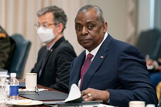 Defense Secretary Lloyd Austin meets with Ukraine's Foreign Minister Dmytro Kuleba at the Pentagon, Tuesday, Feb. 22, 2022, in Washington