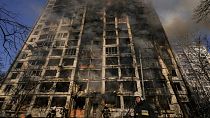 Edificio destruido en Kiev, Ucrania, tras el impacto de un proyectil ruso Edificio destruido en Kiev, Ucrania, tras el impacto de un proyectil ruso