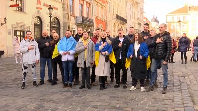 The opera singers gathered in central Lviv which was recently the scene of a bombardment against a military base. Up until now Lviv has remained relatively safe.