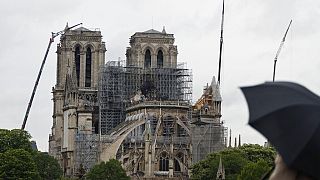 Des grues travaillent à la cathédrale Notre-Dame, à Paris, le jeudi 25 avril 2019.