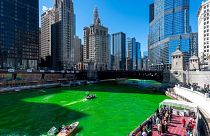 The Chicago River appears green after the Plumbers Union Local 130 dyed it on Saturday, 12 March 2022, ahead of St. Patrick's Day.