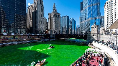 The Chicago River appears green after the Plumbers Union Local 130 dyed it on Saturday, 12 March 2022, ahead of St. Patrick's Day.