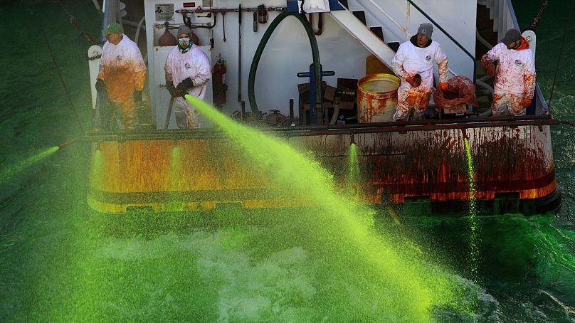 Crews on boats dumping dye into the Chicago river in 2021.