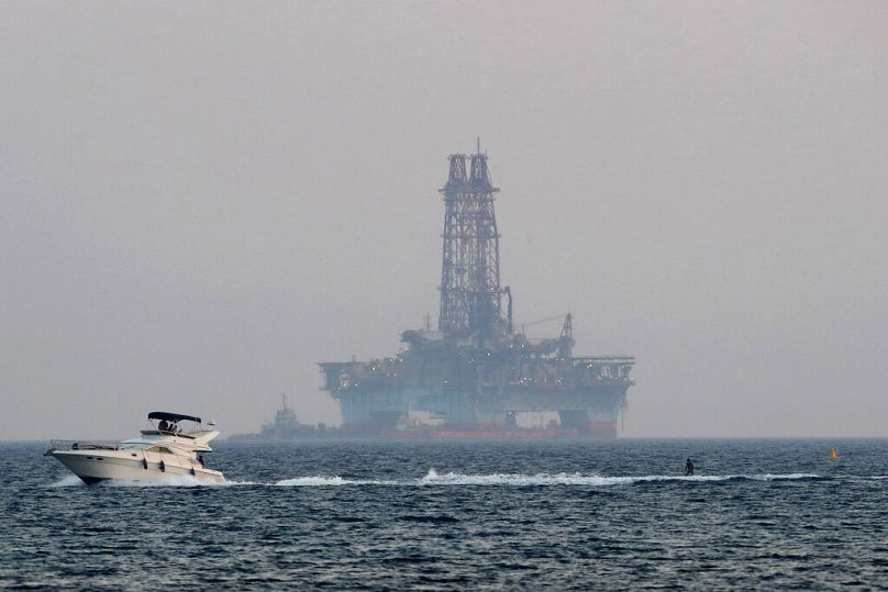 An offshore drilling rig is seen in the waters off Cyprus' coastal city of Limassol, July 2020