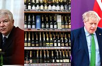 De g. à d. : l'ambassadeur russe à Paris Alexeï Mechkov (26/01/2022), bouteilles de champagne (archives), Le Premier ministre britannique Boris Johnson (15/03/2022)