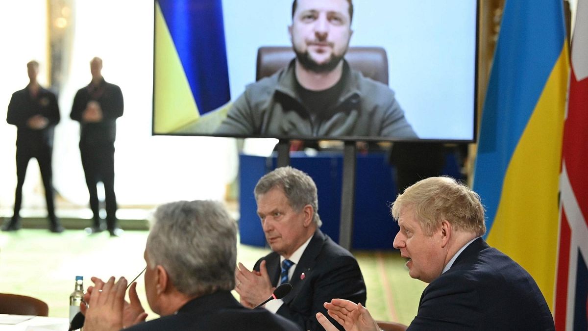 Ukrainian President Zelenskyy addresses Boris Johnson and other northern European leaders via video, to London. March 15th 2022
