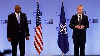 US Secretary for Defense Lloyd J. Austin III, left, and NATO Secretary General Jens Stoltenberg  at NATO headquarters in Brussels, March 16, 2022. 
