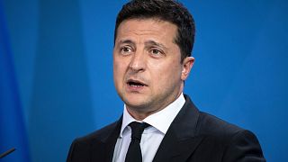 FILE: Ukrainian President Volodymyr Zelenskyy in Berlin, Monday, July 12, 2021