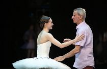 Olga Smirnova speaks to the ballet director of the Bolshoi Theater Makhar Vaziev during a rehearsal in the Bolshoi Theater in Moscow in 2019