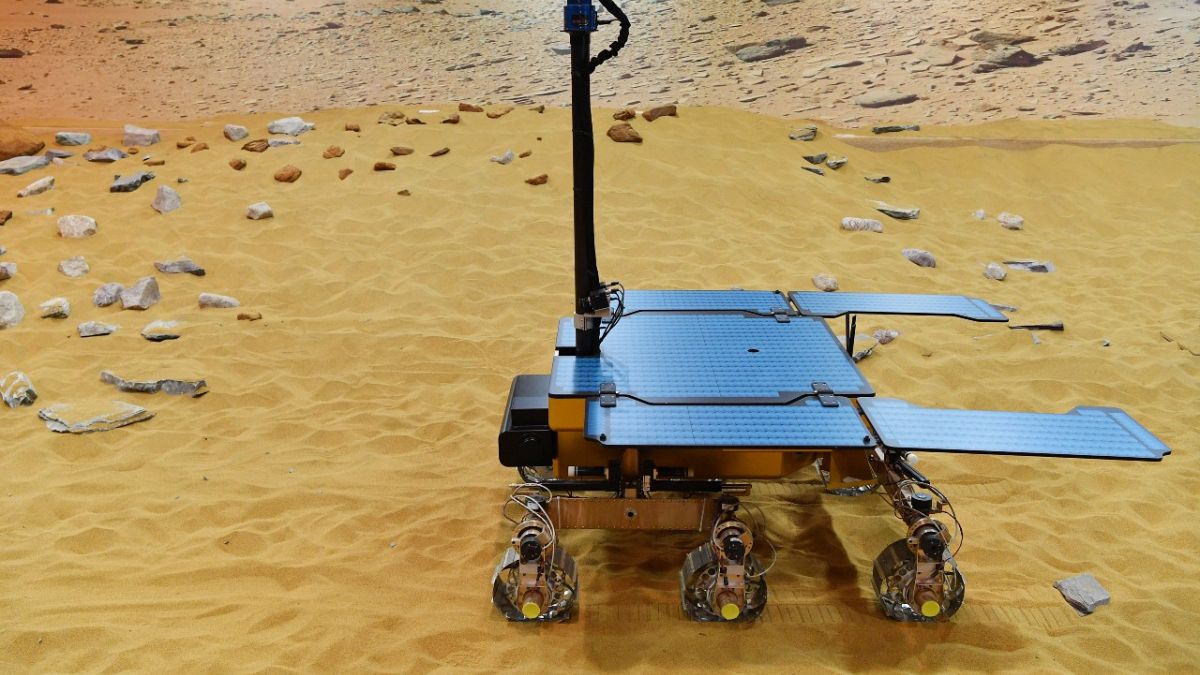 This file photograph taken on February 07, 2019, shows a working prototype of the newly named Rosalind Franklin ExoMars rover at the Airbus Defence and Space facility in Steve