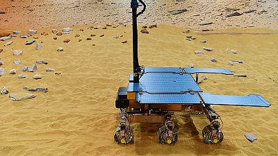 This file photograph taken on February 07, 2019, shows a working prototype of the newly named Rosalind Franklin ExoMars rover at the Airbus Defence and Space facility in Steve