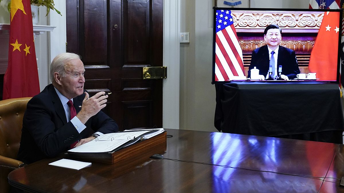 President Joe Biden meets virtually with Chinese President Xi Jinping from the Roosevelt Room of the White House in Washington, on Nov. 15, 2021