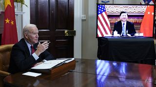 President Joe Biden meets virtually with Chinese President Xi Jinping from the Roosevelt Room of the White House in Washington, on Nov. 15, 2021