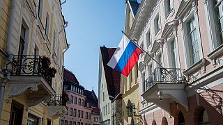 Russia's flag flutters in front of the embassy building in Tallinn, Estonia.