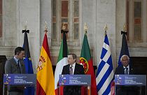 Prime Ministers of, from left, Spain Pedro Sanchez, Portugal Antonio Costa, Italy Mario Draghi attend a press conference at the end of a quadrilateral meeting