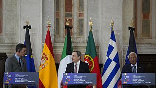 Prime Ministers of, from left, Spain Pedro Sanchez, Portugal Antonio Costa, Italy Mario Draghi attend a press conference at the end of a quadrilateral meeting 