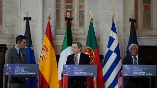 Prime Ministers of, from left, Spain Pedro Sanchez, Portugal Antonio Costa, Italy Mario Draghi attend a press conference in Rome.