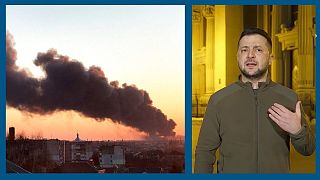 A g. : après une explosion près de Lviv (ouest de l'Ukrain) le 18/03/2022 - A dr. : le président ukrainien V. Zelensky dans sa dernière vidéo le 18/03/2022