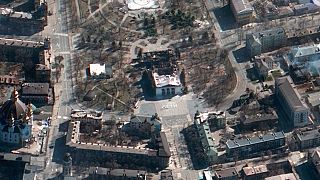 The aftermath of the Russian airstrike on the Mariupol Drama theatre and the area around it, in a satellite photo provided on Saturday, March 19, 2022.