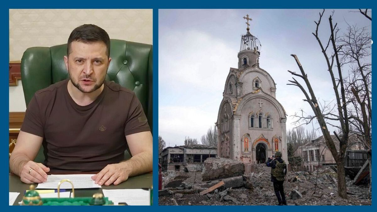A g. : le président ukrainien Volodymyr Zelensky, à Kiev (20/03/2022) - A dr. : dégâts dans la ville de Marioupol (10/03/2022)